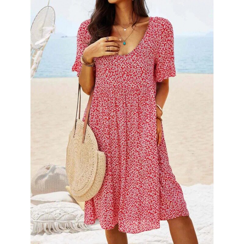 Short sleeved loose waisted mid length dress短袖宽松腰连衣裙