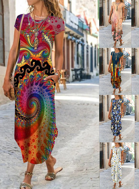 Casual crew neck printed short-sleeved dress 圆领印花连衣裙