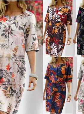Stylish crew neck short sleeve printed dress 时尚圆领连衣裙