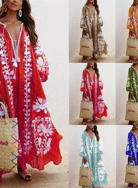 Casual loose print V-neck long-sleeved dress 休闲宽松连衣裙