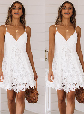 Deep V-neck white halter dress 性感深V领白色吊带连衣裙