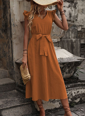 Solid color casual V-neck strap dress woman 纯色绑带连衣裙女