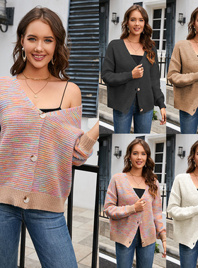 Solid color casual button-up V-neck sweater 休闲系扣V领毛衣