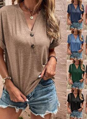 Solid color casual V-neck buckle T-shirt woman 休闲系扣上衣