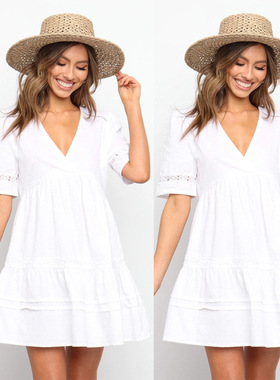 2021 summer sexy v-neck lace white dress women