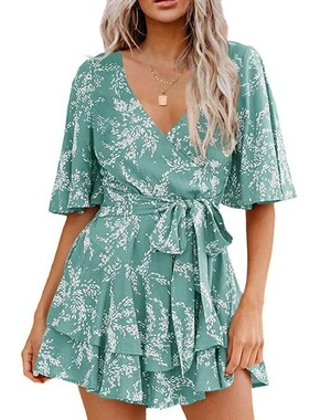 Fashion Summer Women's V-neck Printed Halter Dress 连衣裙女