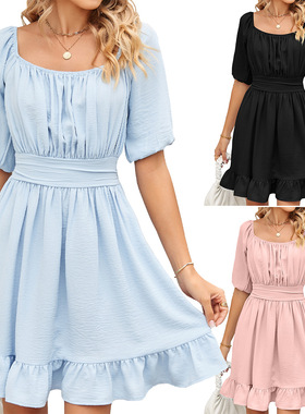 Solid color square neck short sleeved halter dress 连衣裙女