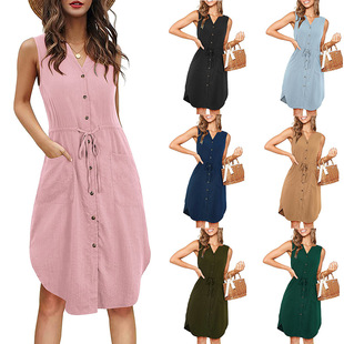 Casual V-neck button-up sleeveless dress woman 无袖系扣长裙