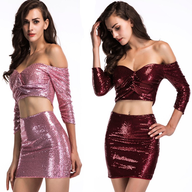 Elastic sequin dress women's collar dress tight skirt women