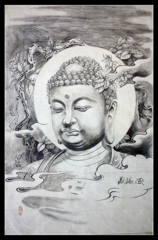 手绘  学生作品三尺佛像 释迦摩尼 观音像 素描画t671