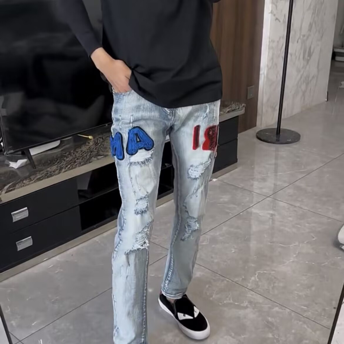 网红潮牌破洞补丁修身弹力牛仔裤