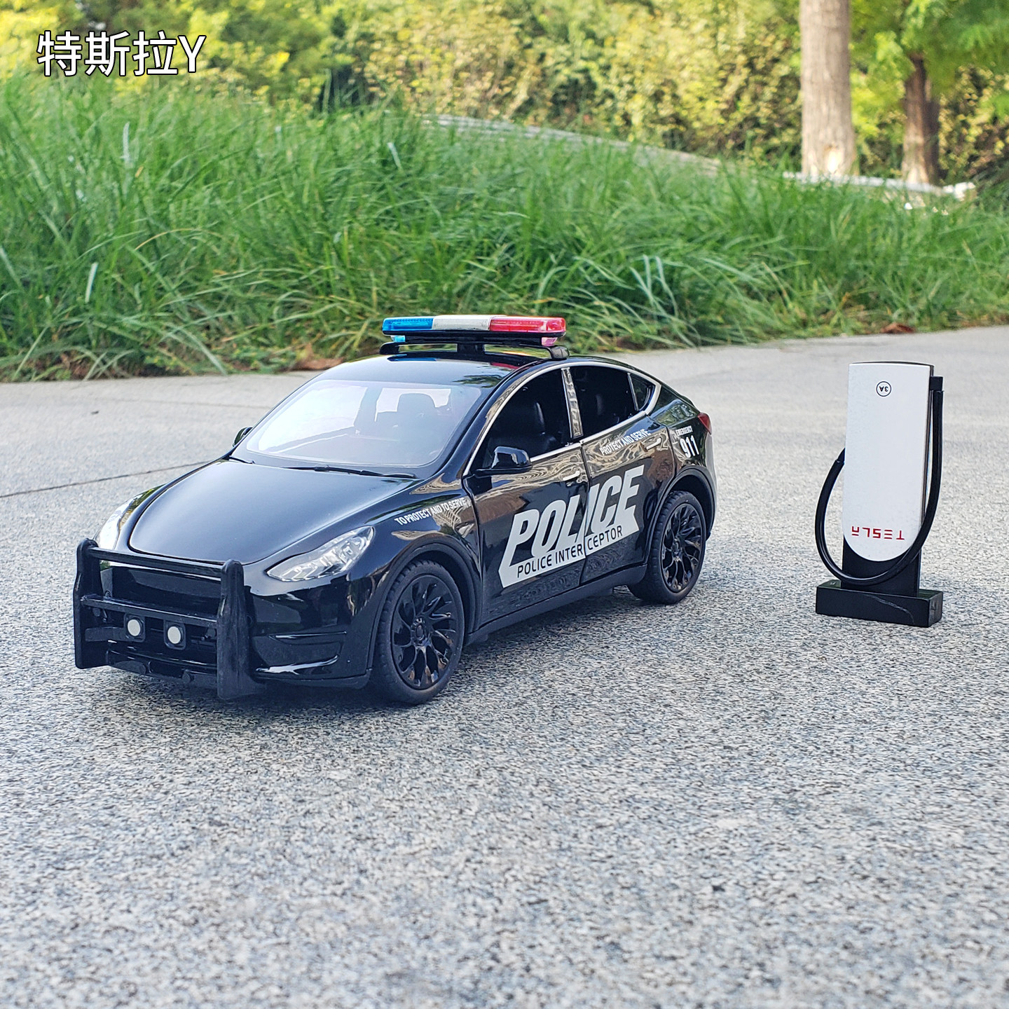 1/24特斯拉Y合金汽车模型仿真警车911救援车模型声光回力玩具车