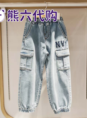 MLB儿童25春夏新款男女童时尚百搭LOGO抽绳休闲牛仔长裤7ADPB0351