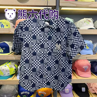 MLB男女短袖牛仔衬衫23新款棋盘格时尚老花宽松休闲上衣3ADRMN623
