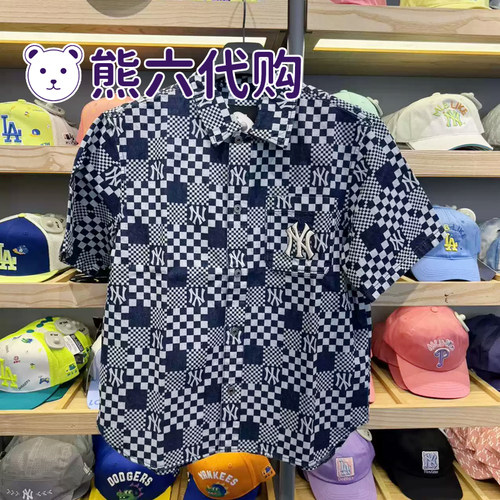 MLB男女短袖牛仔衬衫23新款棋盘格时尚老花宽松休闲上衣3ADRMN623