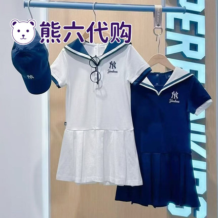 MLB儿童26夏新款女童时尚休闲NY标海军领短袖百褶连衣裙7FOPV0263
