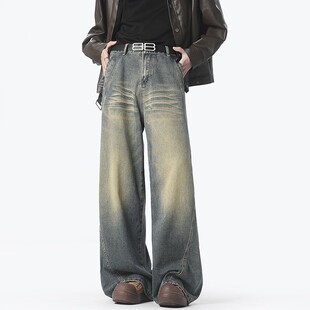 倔强工作室 美式高街牛仔裤男女宽松直筒阔腿嘻哈潮牌拖地长裤子