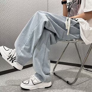 倔强工作室复古蓝浅蓝黑色男直筒休闲长裤微弹中低腰纯色牛仔裤