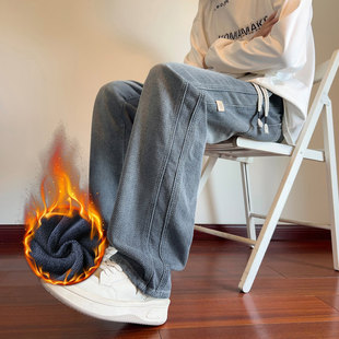 倔强工作室 美式高街加绒牛仔裤男女宽松直筒阔腿潮牌拖地长裤子