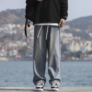 倔强工作室 美式做旧大码直筒牛仔裤男女拖地休闲阔腿复古长裤子