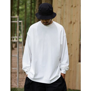 倔强工作室 美式重磅长袖t恤男女300g纯棉白色春秋卫衣圆领打底衫