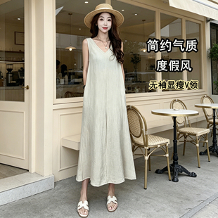 棉麻裙黑色连衣裙女气质小黑裙夏季高级感显瘦收腰系带长裙