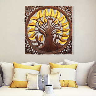 泰国木雕挂件菩提树墙饰实木雕花板客厅背景墙玄关壁饰餐厅壁挂