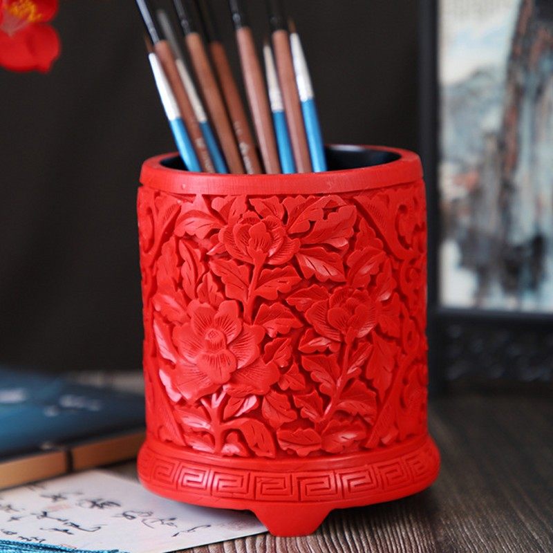 中国红北京漆器漆雕笔筒剔红雕漆笔筒特色工艺品摆件出国礼品包邮