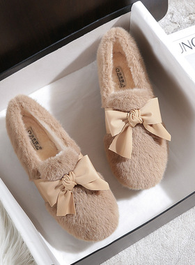 法式毛毛鞋2025蝴蝶结平底加绒秋冬新款保暖豆豆棉鞋时尚软底单鞋