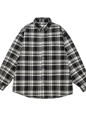 IEID美式潮牌刺绣重工格子衬衫男外套加肥大码休闲潮流设计感衬衣