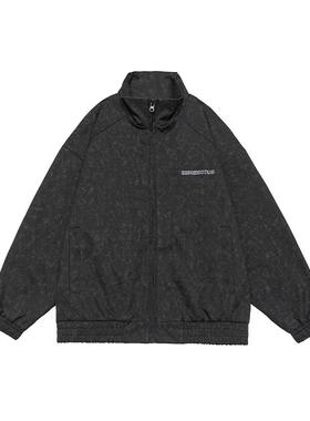 IEID美式复古梵文字母满印暗纹拉链大码宽松立领外套冲锋衣夹克男