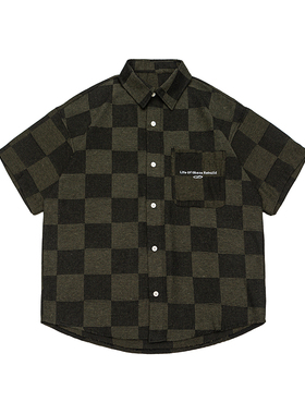 IEID夏季潮牌格子衬衫男士加大码胖子宽松短袖痞帅高级感百搭外套