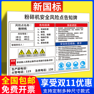 粉碎机安全风险点告知牌配电室车间岗位风险生产警示标识牌告示牌标志配电房仓库有限空间职业病危害提示定制
