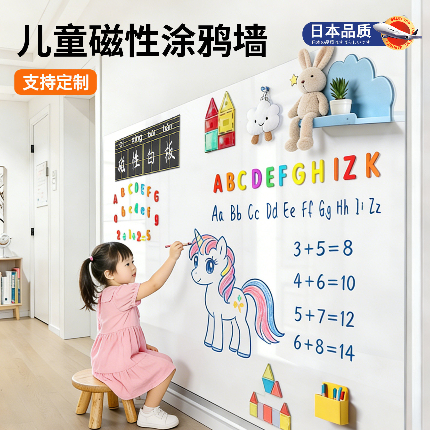 磁吸白板儿童涂鸦墙家用教学可擦写字磁性墙面板画画板自粘贴纸免打孔可移除不伤墙家庭黑板磁吸照片墙