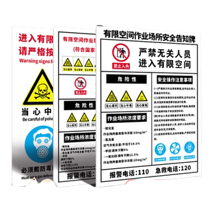 有限空间安全告知牌受限密闭空间作业警示标识牌工厂车间岗位风险点操作告示指示牌卡警告贴纸提示定制标志牌