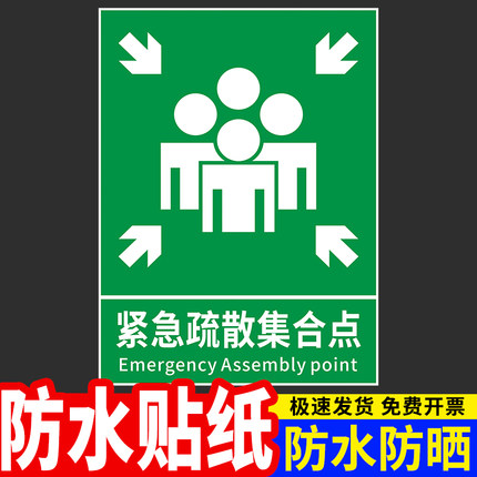 紧急疏散集合点标志牌禁止脚伸入电梯边角警示牌必须戴防护手套无防护请勿操作警告手推式灭火器使用方法标识