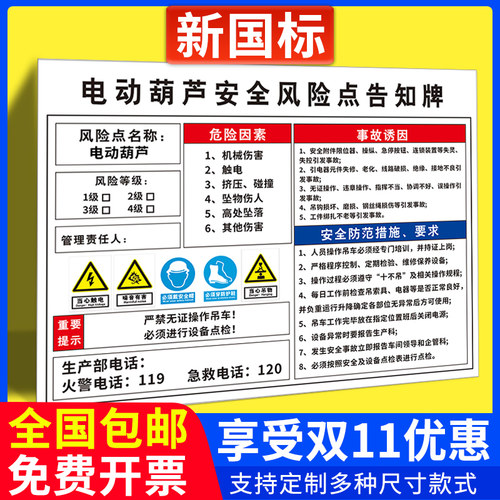 电动葫芦安全风险点告知牌卡