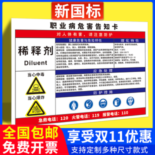 稀释剂职业病危害告知牌卡汽油天然气硝酸危险化学品周知卡噪声粉尘高温电焊烟尘有限空间安全警示标识牌定制