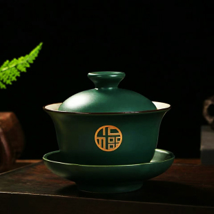 绿色玛瑙玉瓷描金三才盖碗复古风陶瓷泡茶碗家用轻奢中式功夫茶具