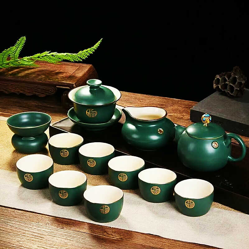中式会客绿色功夫茶具套装盖碗