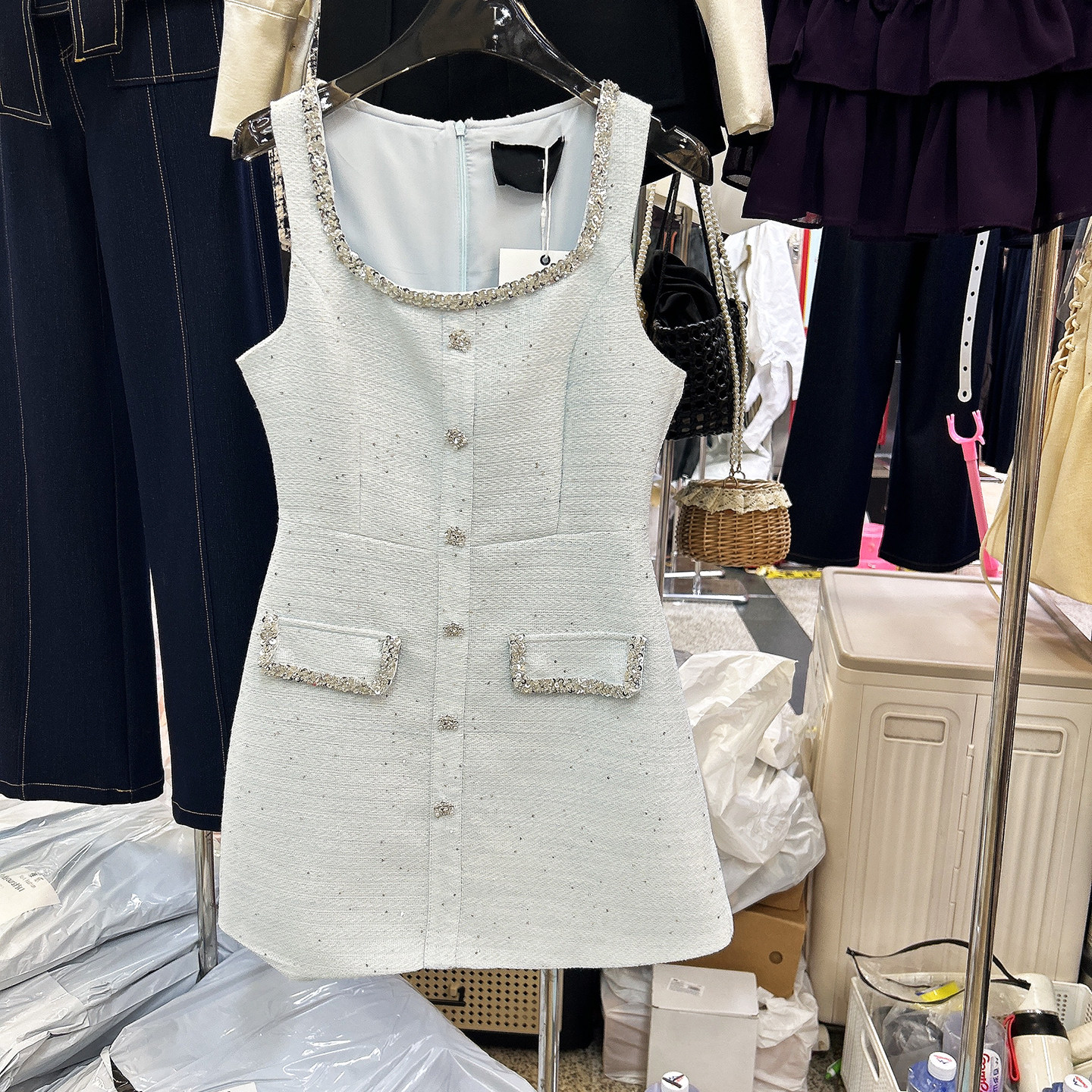 法式千金风重工钉珠亮片小香风连衣裙女26春夏气质收腰无袖背心裙