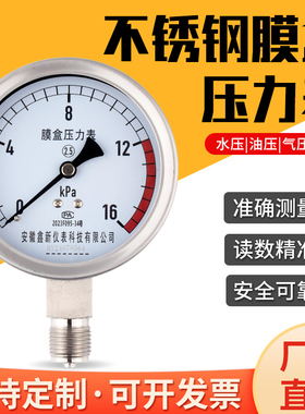 YE100B不锈钢膜盒压力表耐高温耐腐蚀微压表天然气沼气工程千帕表