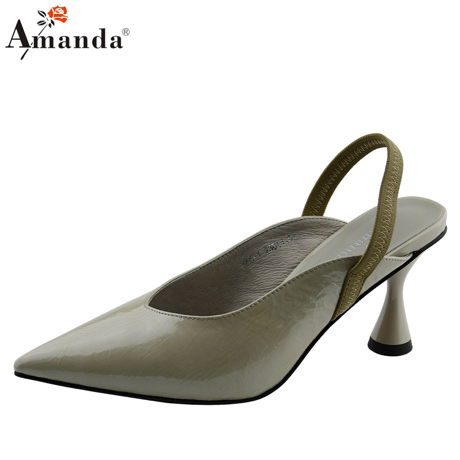 艾曼达亮皮牛漆皮时尚凉鞋夏季新款细跟后半带纯色包头鞋女高跟鞋