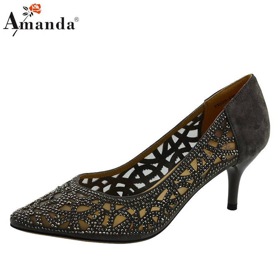 艾曼达春季新款水钻单鞋时尚浅口磨砂皮纯色细跟鞋韩版尖头女高跟