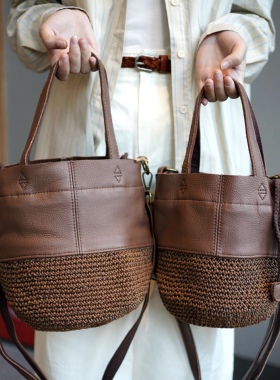 原创设计人气复古水桶包棉蜡绳手工编织头层牛皮手提单肩斜挎女包