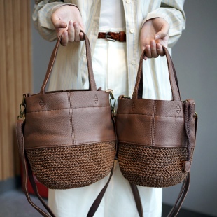 原创设计人气复古水桶包棉蜡绳手工编织头层牛皮手提单肩斜挎女包