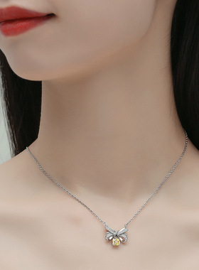 925纯银项链女 欧美时尚明星同款蝴蝶结黄钻锁骨链 厂家一件代发