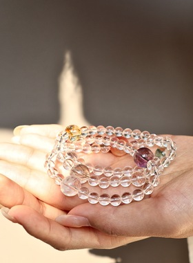 天然白水晶多巴胺星球手链海蓝宝手链赵露思同款双圈多宝手串女