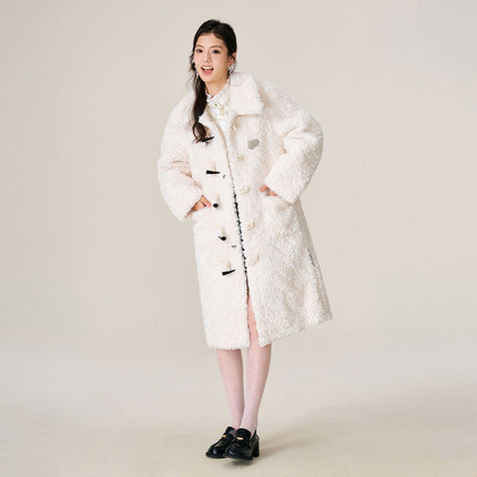 HTCU仿羊羔毛牛角扣大衣皮毛一体保暖冬季皮草羊羔绒中长款棉服女