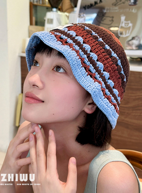 ZHIWU~文艺范撞色~日系小众休闲针织帽女百搭毛线帽渔夫帽盆帽子